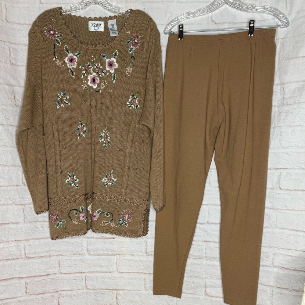 Women's Tan Sweater Set with Floral Embroidery